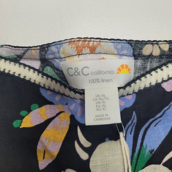 C&C California black floral peasant 100% linen beachy vacation top size xl NWT - Picture 3 of 6